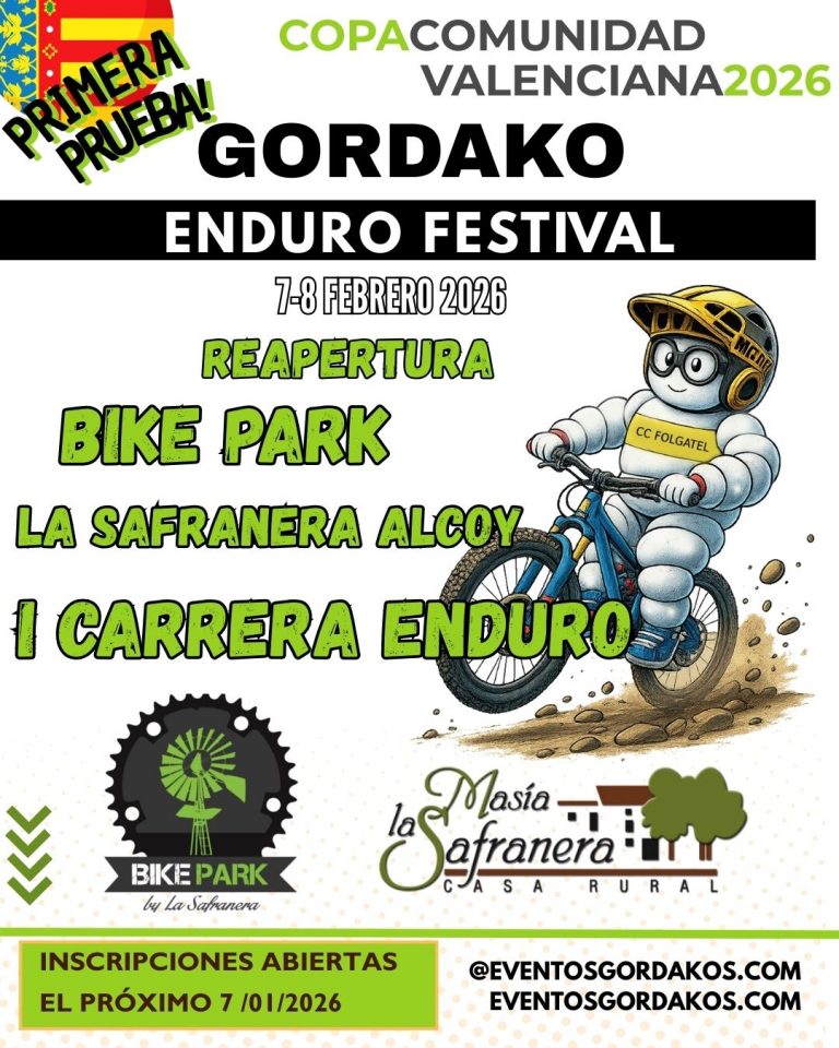 Gordako Enduro Festival 2026 con reapertura del Bike Park La Safranera Alcoy, cartel del evento de enduro con ilustración infantil en bicicleta y primera carrera de enduro en febrero.