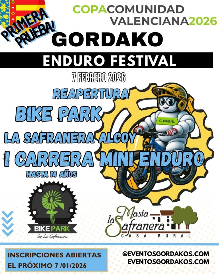 cartel Gordako Enduro Festival con reapertura Bike Park La Safranera Alcoy y mini enduro infantil