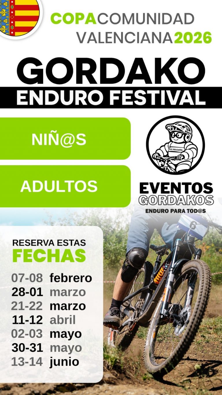 Gordako Enduro Festival 2026 de la Copa Comunidad Valenciana con pruebas para niños y adultos, cartel del evento de enduro en Alcoy con ciclista en acción y fechas del campeonato.